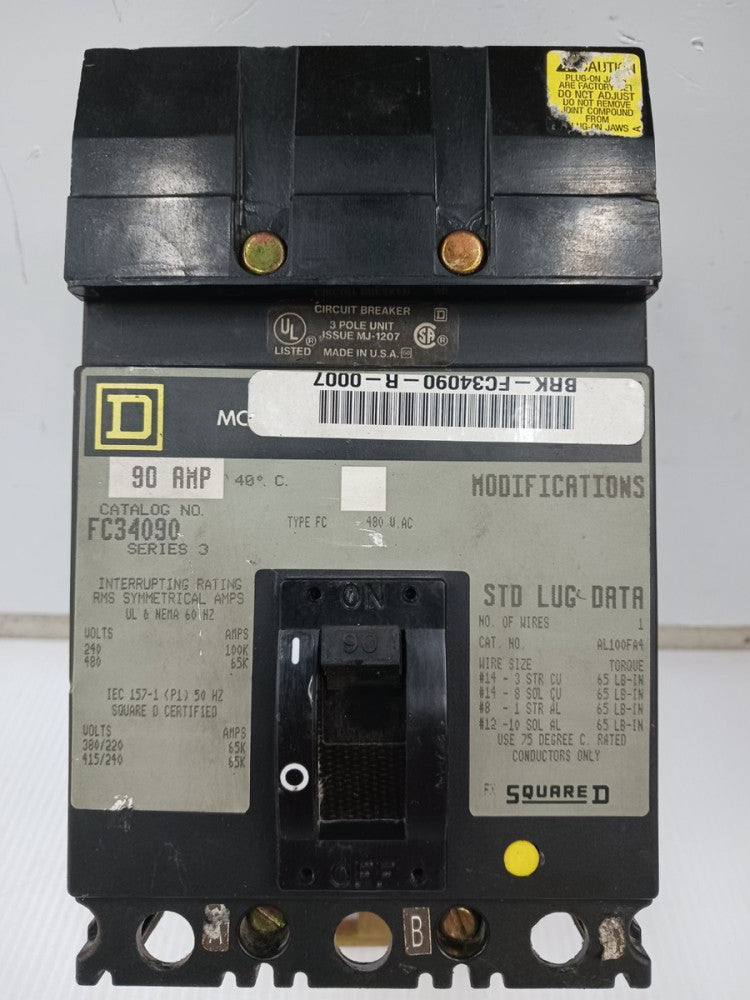 Square D 90 Amp I-Line Molded Case Circuit Breaker 3 Pole 480 VAC 65kA FC34090