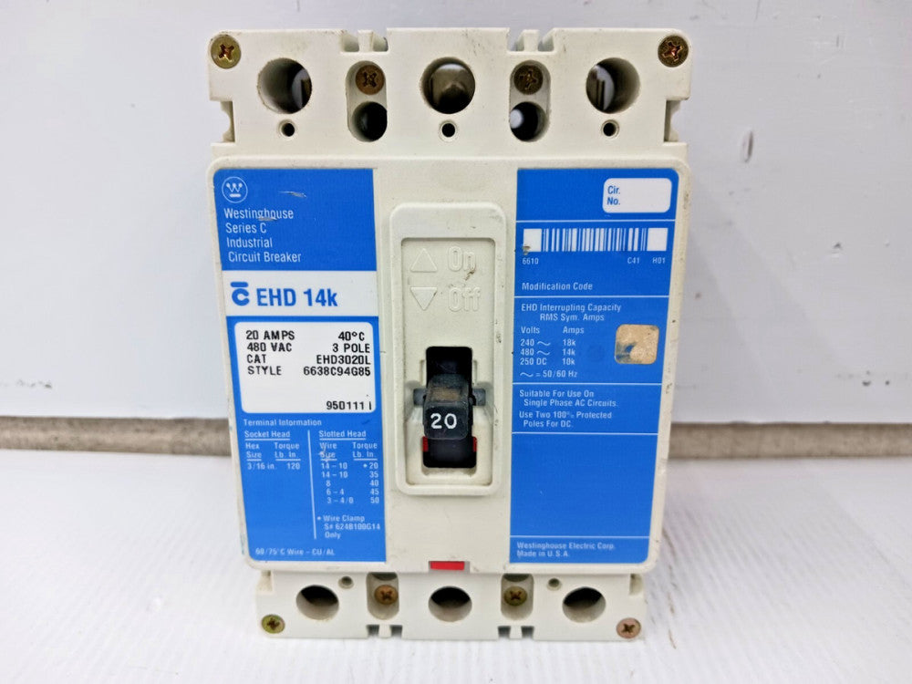WESTINGHOUSE 20 AMP CIRCUIT BREAKER 3 POLE 480 VAC/250 VDC 14kA EHD3020L (FLAW)