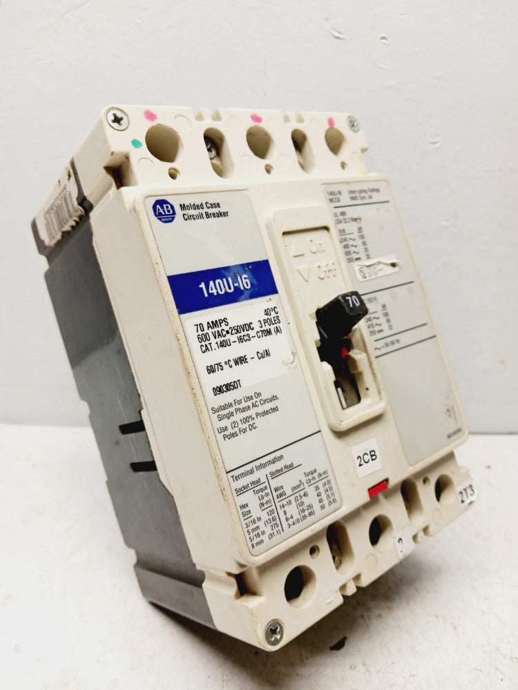 ALLEN BRADLEY 140U-16C3-C70M 70 AMP CIRCUIT BREAKER 3 POLE 600 VAC 250 VDC 100KA