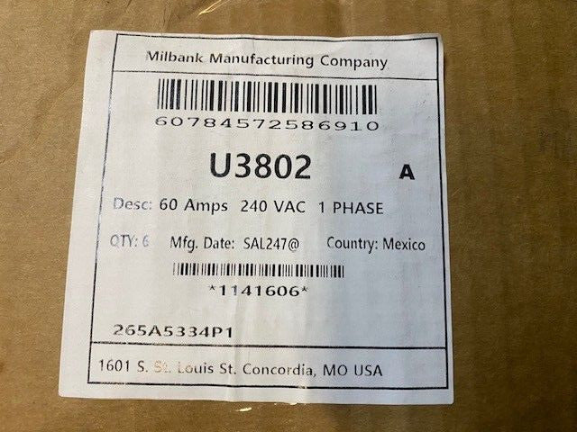(PACK) Milbank U3802 Non-Fusible Air Conditioner 60A 240VAC Disconnect Pullout