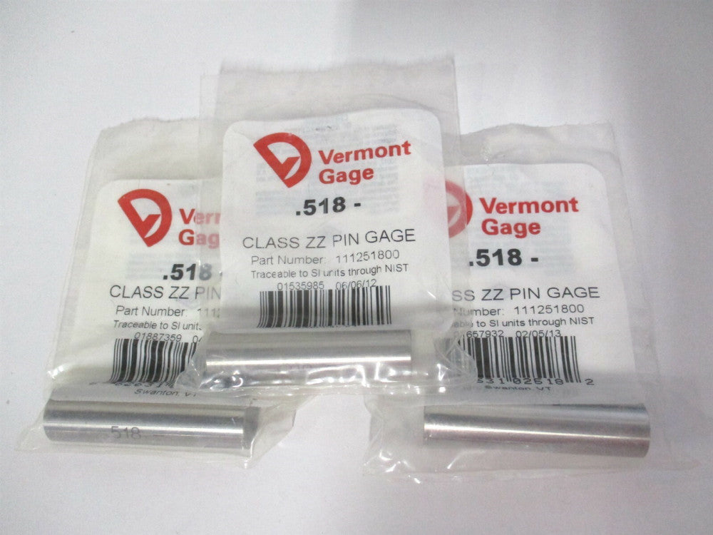 Vermont Gage (111251800) 0.518" Diam Class ZZ Minus Plug & Pin Gage - Lot of 3