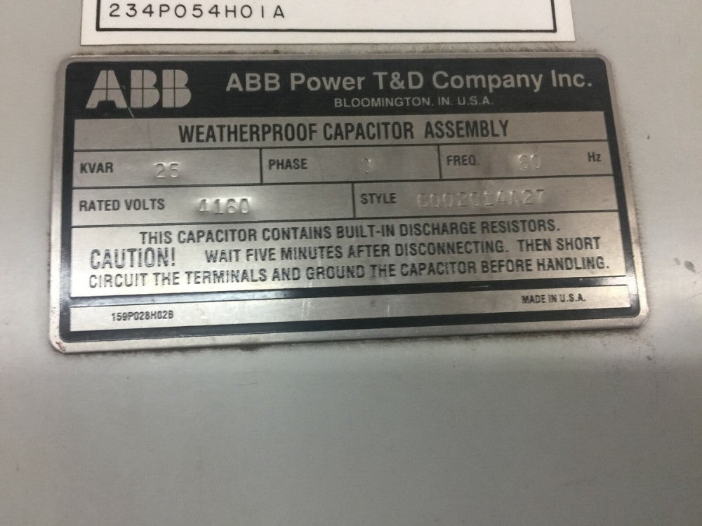 NEW NO BOX ABB 25 KVAR 4160 VAC 3 PH CAPACITOR 6002C14A27