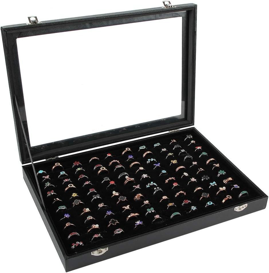 Ring Display Case Organizer Box with Transparent Lid, tray, Black 
