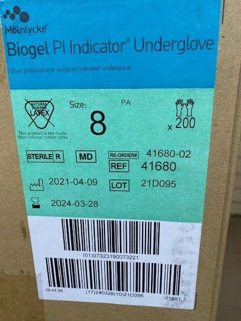 *200-Pair* Molnlycke Biogel PI Indicator Underglove Size-8 Polyisoprene 41680