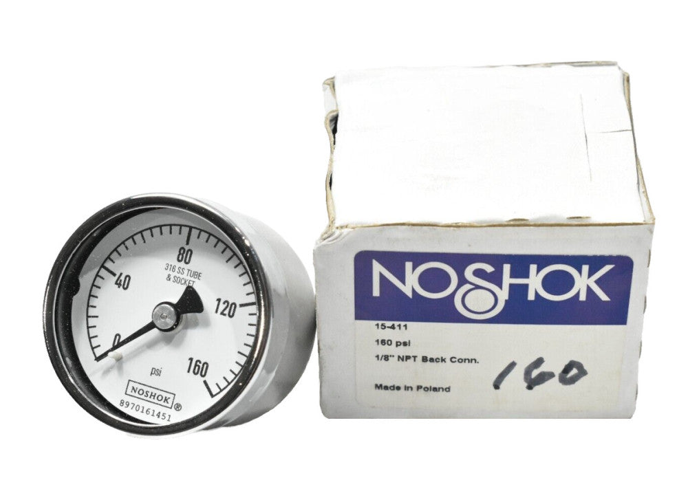 Noshok 15-411-160-PSI Pressure Gauge Dial 1.5”, Back Connect 1/8" NPT, 0-160 PSI