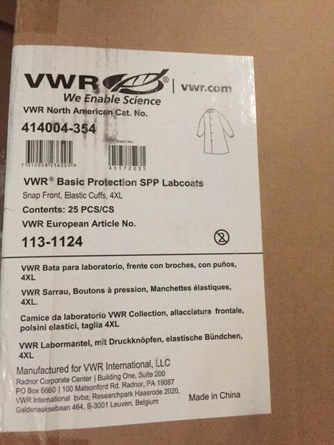 Case of 25 414004-354 Elastic Cuff No Pockets VWR Basic Protection SPP Lab Coats