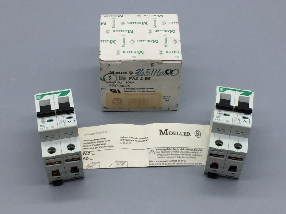 MOELLER FAZ-2-B6 CIRCUIT BREAKER 6A & 10KA QTY PACK OF 2 PN# FAZ-2-B6 