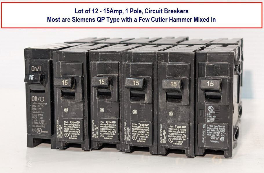 Lot of 12 Siemens Circuit Breakers, 15amp, 1 Pole