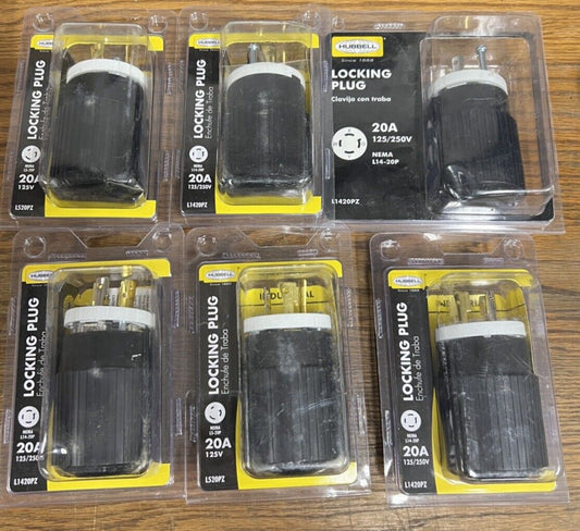 (Lot of 6) Hubbell Locking Plug L1420PZ 20A 125/250V Black/White 4-Wire Ground