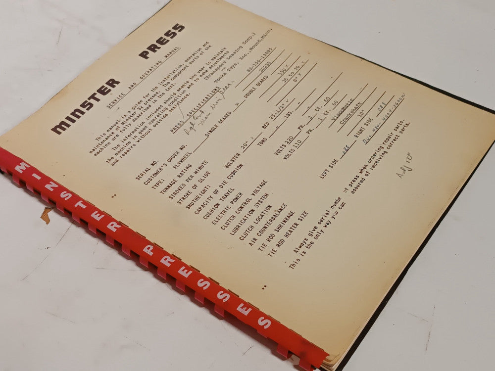 Minster Presses S2150 Machine Service & Operating Owners Manual, bound, as shown