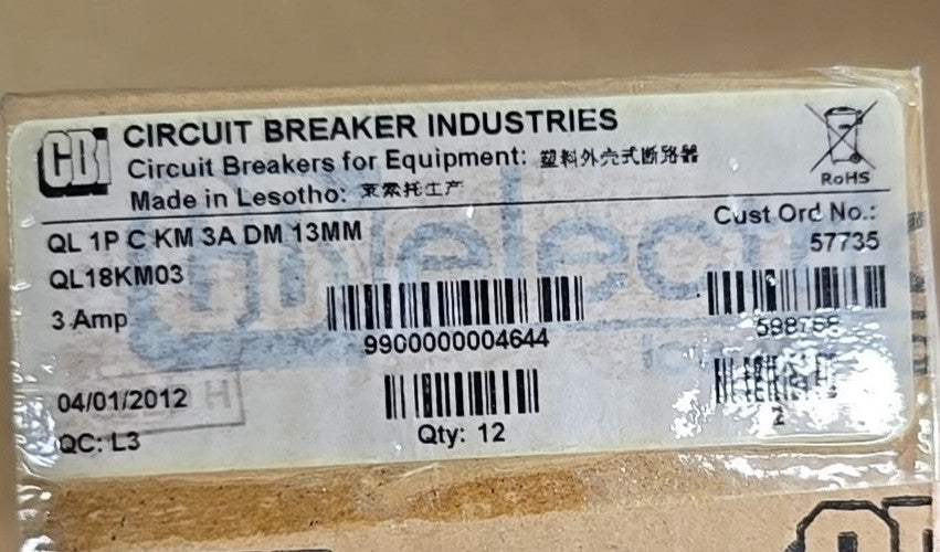 CBI Box of 12 QL18KM03 Circuit Breaker 3 Amp 1 Pole Din Mounted