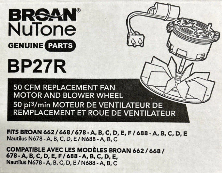 Broan NuTone BP27 50 CFM Replacement Fan Motor & Blower Wheel New in OPEN Box✅️