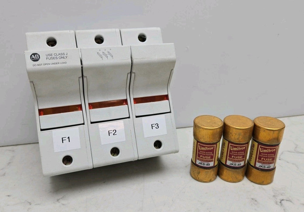 Allen Bradley 1492-FB3J60-L 3-Pole Fuse Holder With 3 Bussmann JKS-40 40A Fuses 
