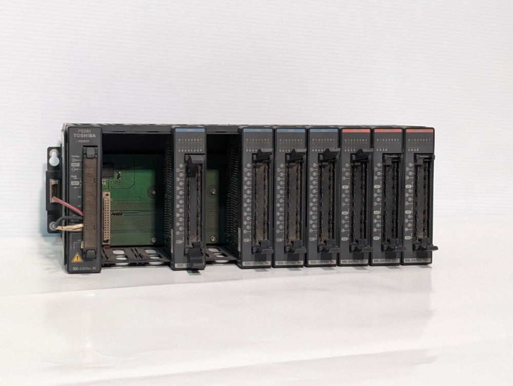 Toshiba TBU218**5 8-Slot PLC Rack, T2, w/PS261 Power & (3) IN51 & (3) AC61 I/O