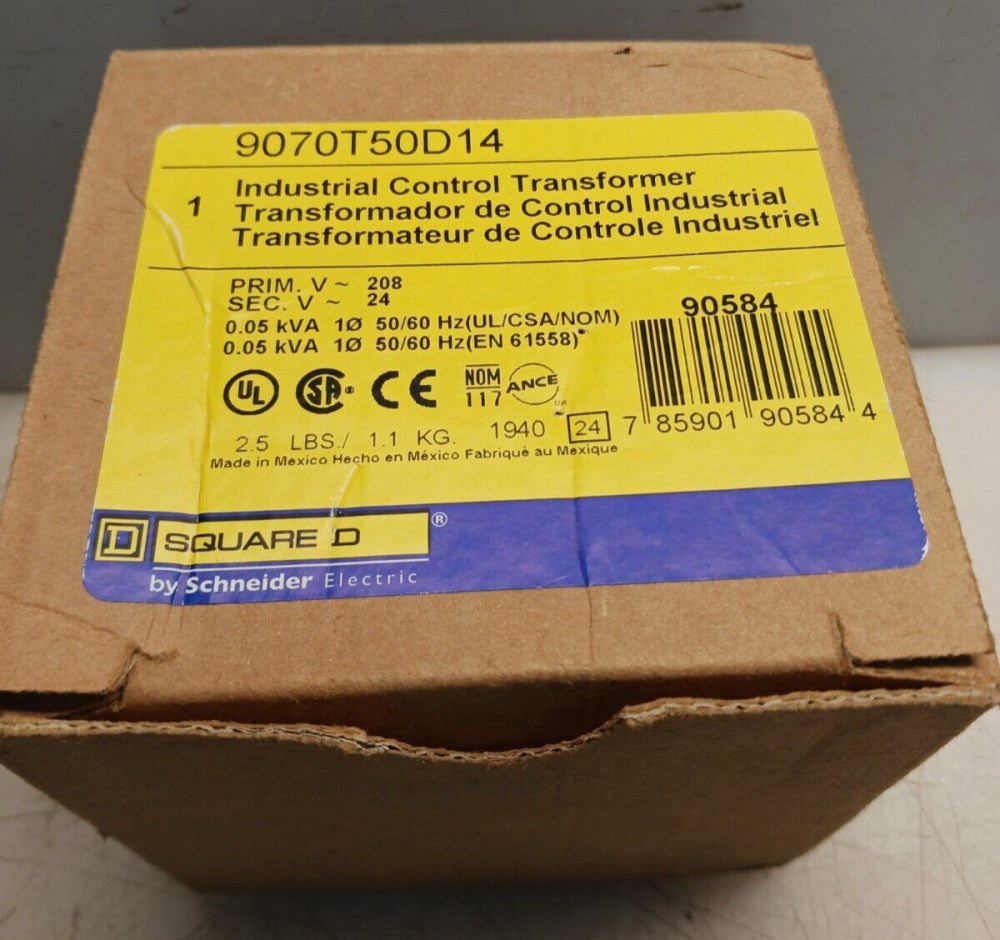 NEW SQUARE D 0.05 KVA CONTROL TRANSFORMER 208 V PRIMARY 24 V SEC 9070T50D14