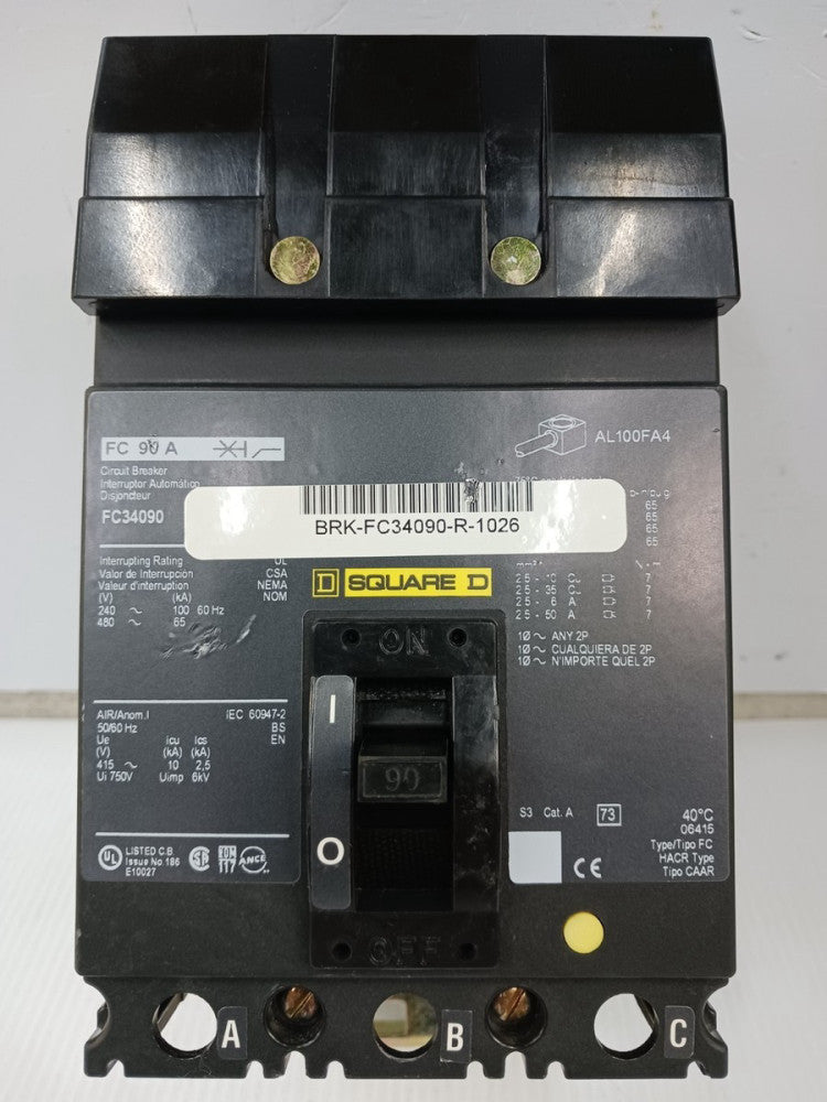 Square D 90 Amp I-Line Circuit Breaker 3 Pole 480 VAC 65kA FC34090