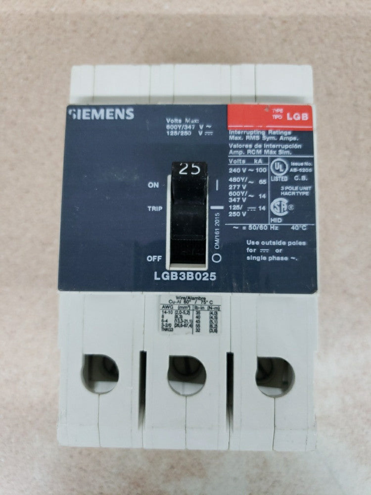 Siemens LGB3B025 Bolt On Circuit Breaker 25A 3P 600Y/347V NTO