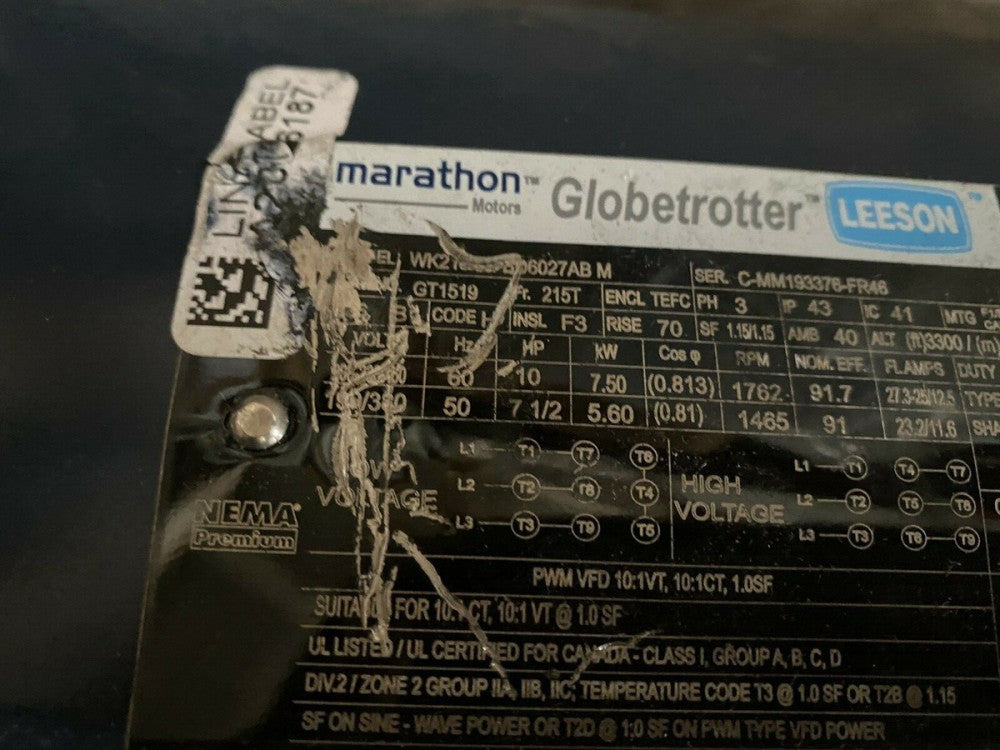 BRAND NEW 10HP MARATHON,1762RPM  215T TEFC , 3PH GLOBETROTTER  MOTOR  GT1519