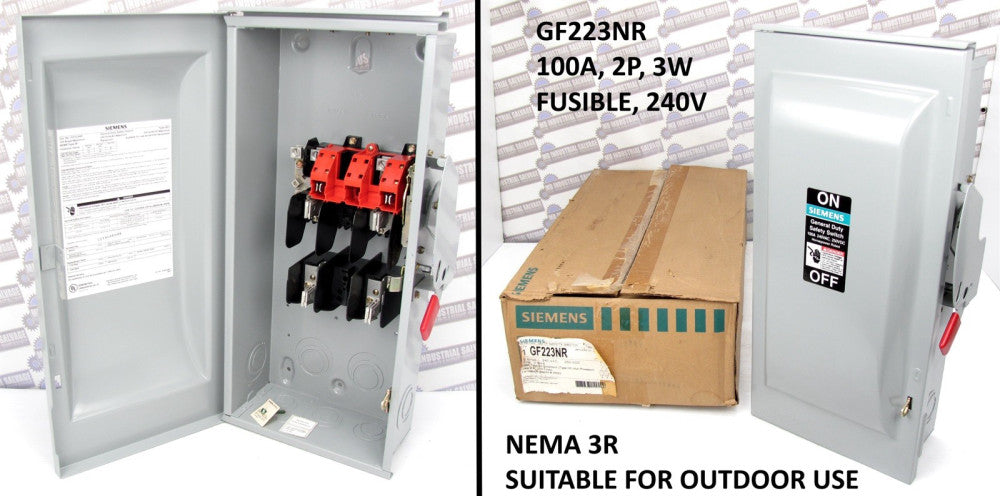 SIEMENS - GF223NR - FUSIBLE DISCONNECT SWITCH 100A 1-3PH, 2P, 3W, 240V, 3R (NEW)