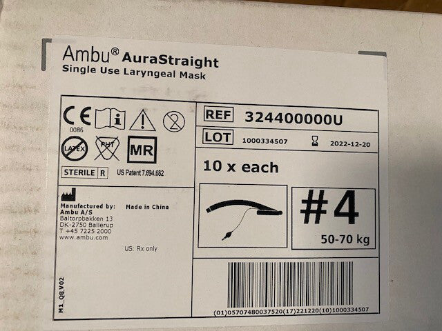 (Case of 10) Ambu 324400000U Mask Laryngeal Aura #4 Straight, EXP 12/20/2022