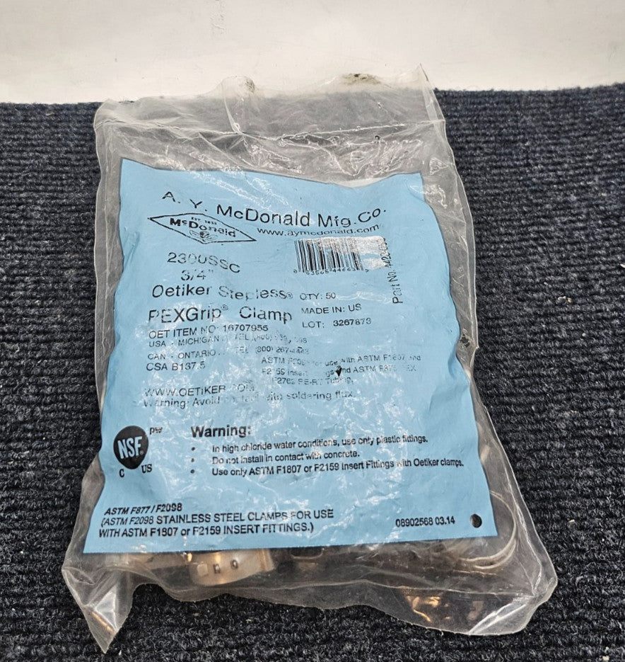 (QTY 50) A.Y. McDonald 2300SSC 3/4" SS OETIKER Stepless PEXGrip Clamp