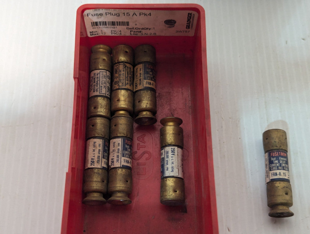 Lot of 7 Fusetron FRN-R-15 Cylindrical Fuse,  15A, Dual Element, Time Delay