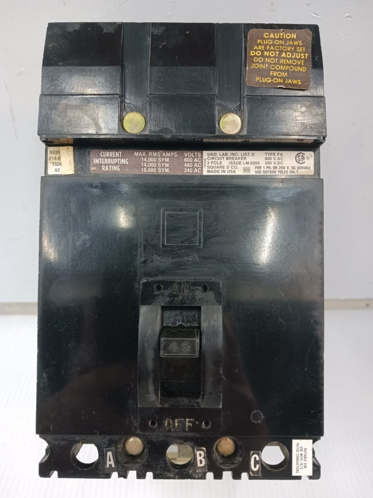 Square D 45 Amp I-Line Circuit Breaker 3 Pole 600 VAC / 250 VDC 14kA FA36045