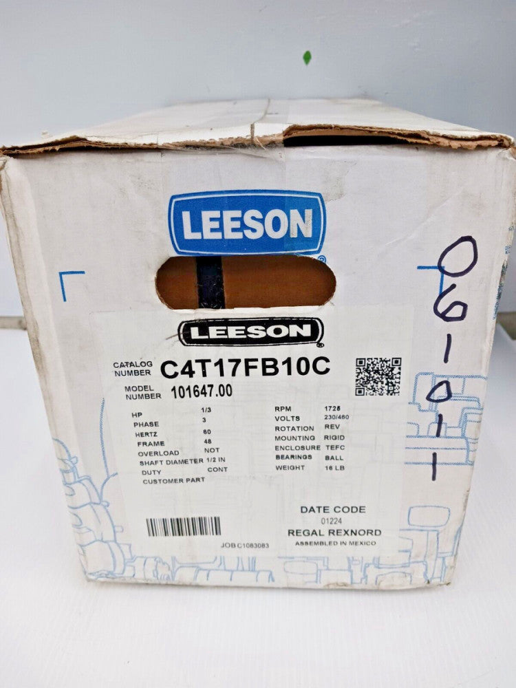 NEW LEESON 1/3 HP TEFC AC MOTOR 48 FRAME 3 PH 230/460 V 1725 RPM 101647.00