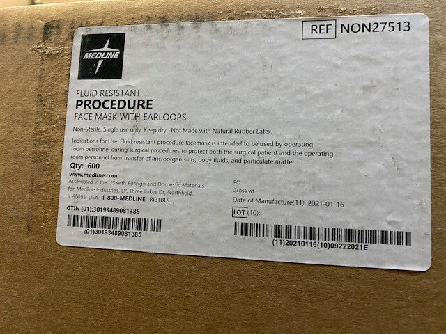 (Case of 600) Medline Fluid Resistant Procedure Face Mask With Earloops NON27513