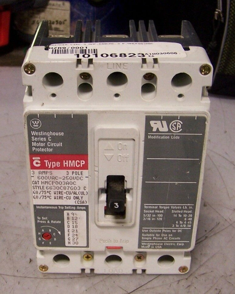 WESTINGHOUSE 3 AMP CIRCUIT BREAKER 600 VAC 3 POLE  HMCP003A0C