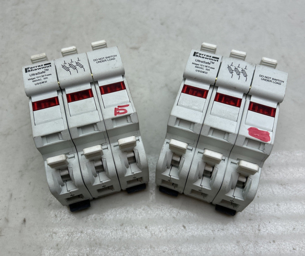 2 Pack Ferraz Shawmt USGM3I Ultrasafe Fuse Holder Midget Fuses 30A max 3P *USED