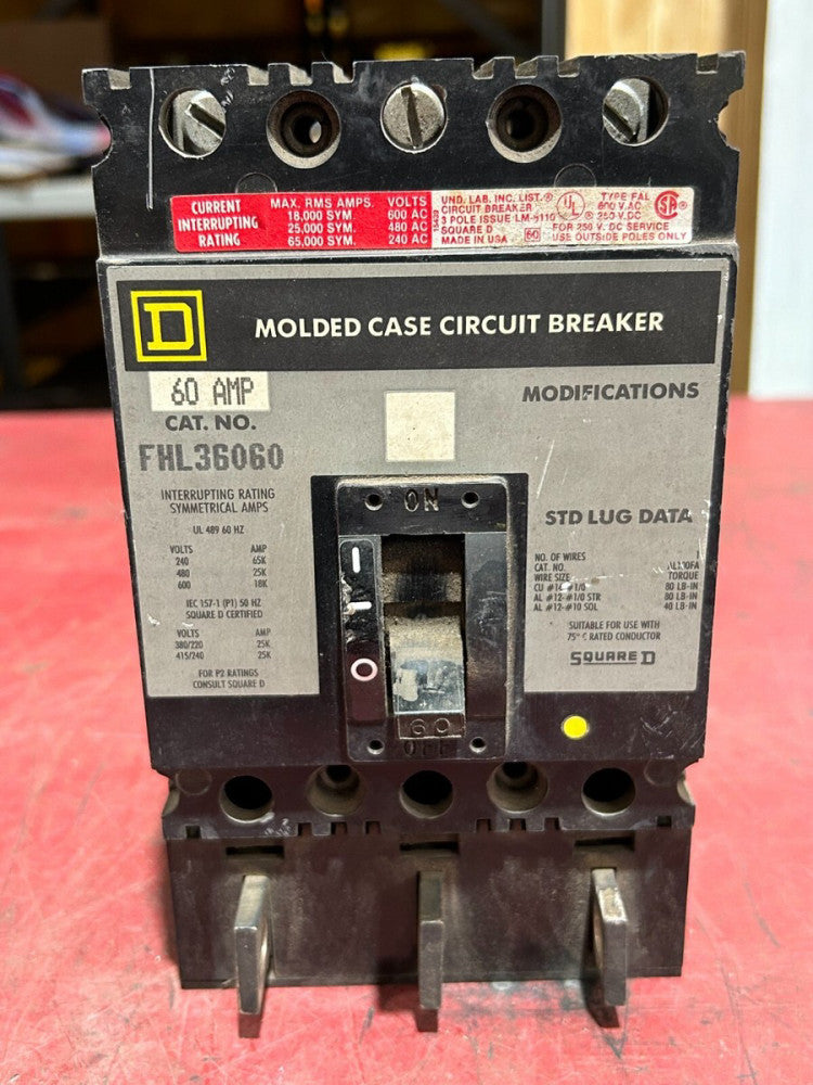 USED SQUARE D CIRCUIT BREAKER 3 POLE 60AMP FHL36060