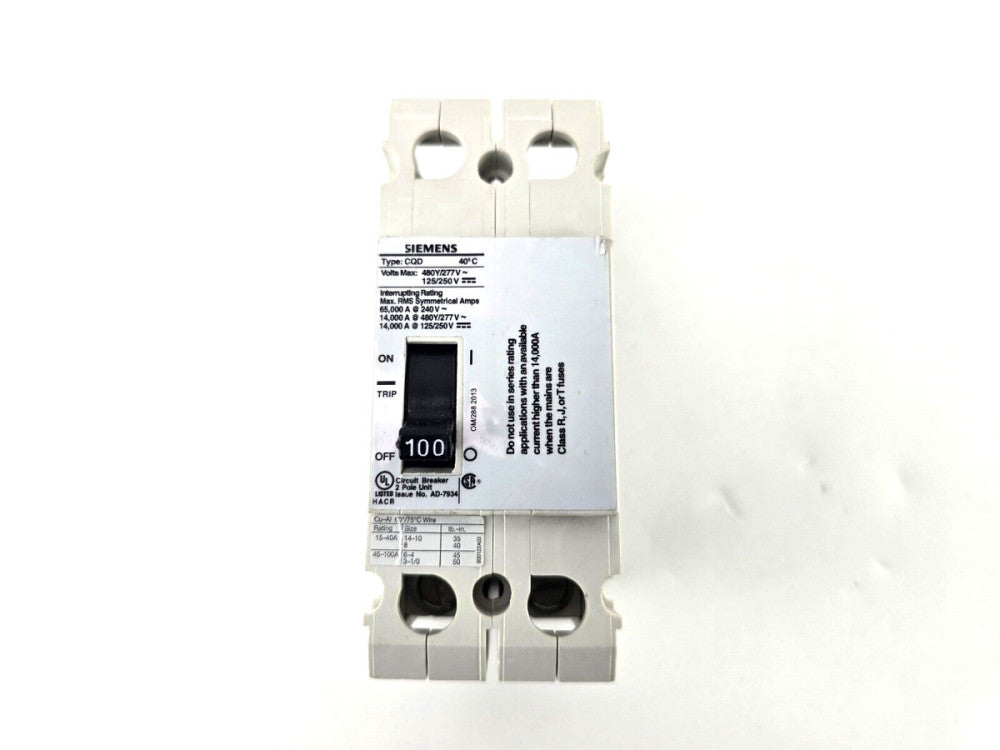 NOS Siemens CQD2100 Molded Case Circuit Breaker 2 Pole 100 Amp 277/480V 14KA