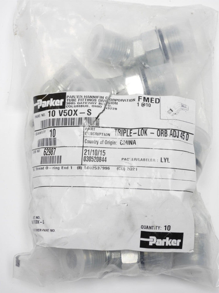 10pcs Parker 10 V50X-S Triple-LOK 45° Straight Thread Elbow 37° Flare / SAE-ORB 