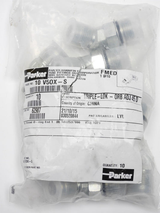 10pcs Parker 10 V50X-S Triple-LOK 45° Straight Thread Elbow 37° Flare / SAE-ORB 