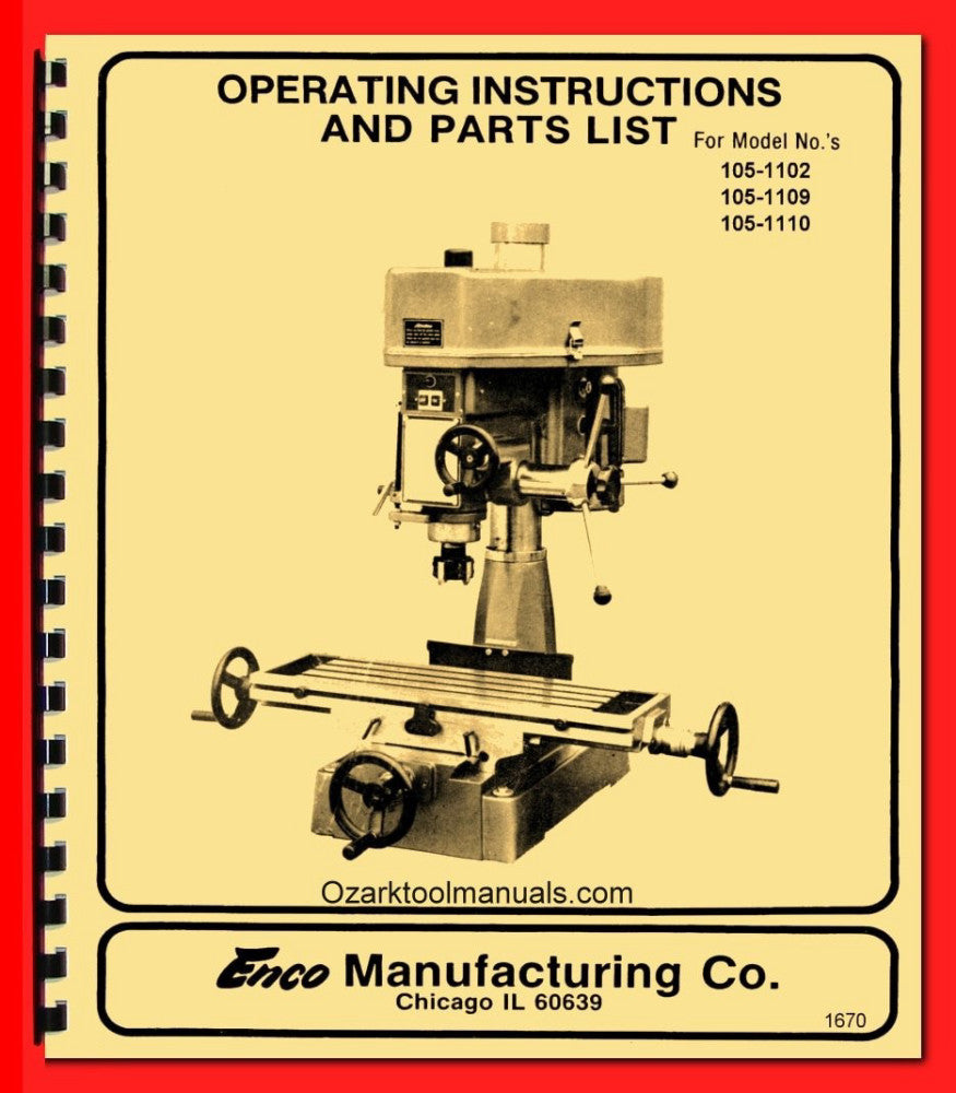 Enco 105-1110 105-1102 105-1109 Drill Mill Instructions Service Part Manual 1670