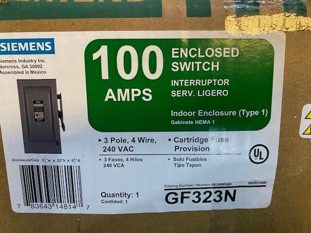 SIEMENS GF323N 100 Amp, 3 Pole, 240-Volt, 4 Wire, Fused, Indoor Rated Disconnect