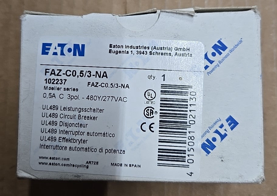 Eaton FAZ-C0,5/3 NEW 102237 0.5A 3P 277/480V