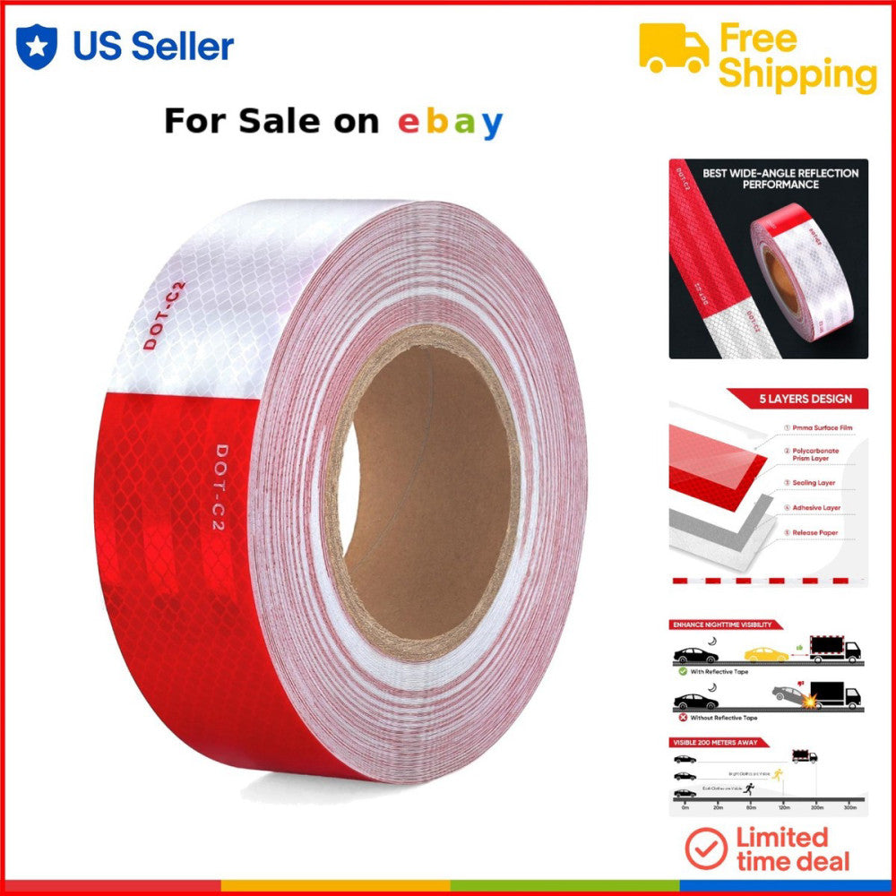 DOT-C2 Reflective Tape 2 Inch x 160 Feet Red White Waterproof Vehicle Trailer
