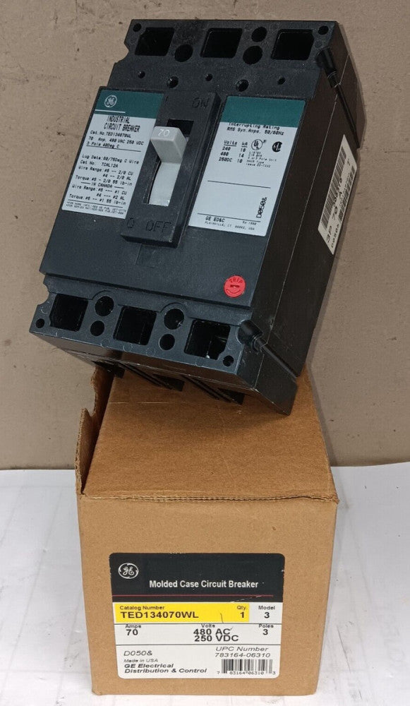 NEW GE 70 AMP CIRCUIT BREAKER 3 POLE 480 VAC TED134070 *FLAW