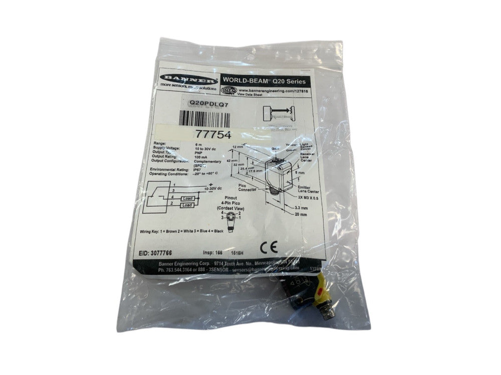 BANNER P/N 77754, Q20PDLQ7, WORLD-BEAM Q20 Series: Long Range Diffuse (Red)