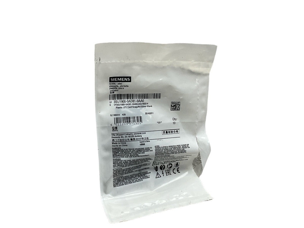 10 Piece Siemens 3SU1900-0AD81-0AA0 Label
