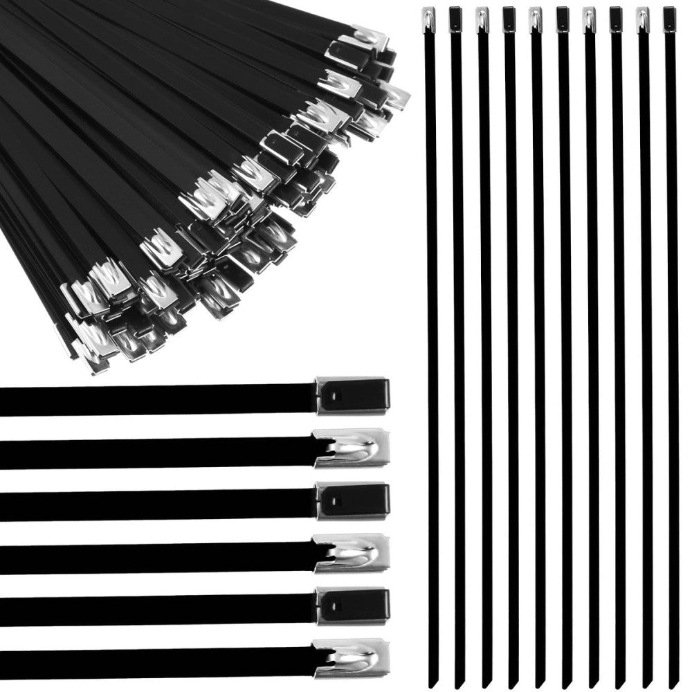 100 Pcs 18 Inch Metal Zip Ties Black 304 Stainless Steel Zip Ties Epoxy Coate...