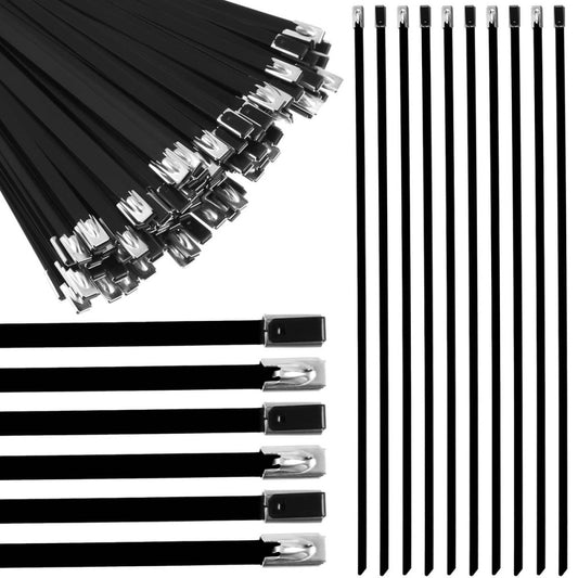 100 Pcs 18 Inch Metal Zip Ties Black 304 Stainless Steel Zip Ties Epoxy Coate...