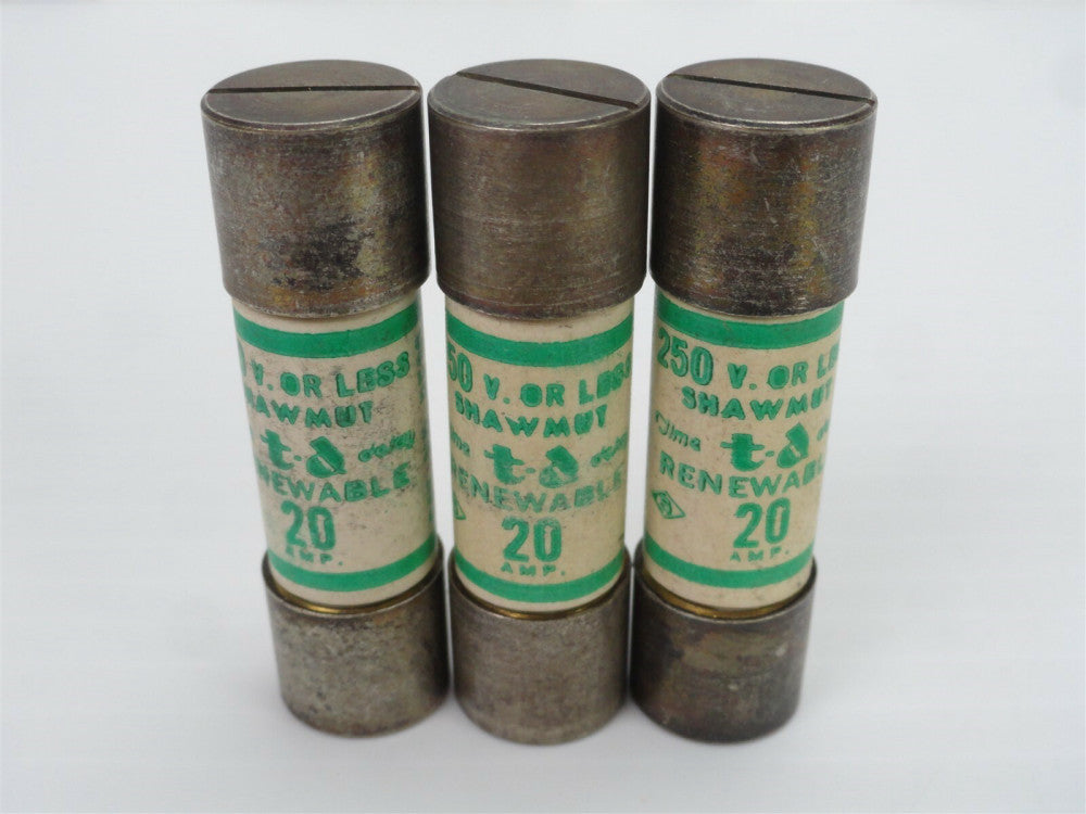 Lot of 3 - SHAWMUT RF20 Renewable Fuses, Class H, Non Current Limiting, 250VAC