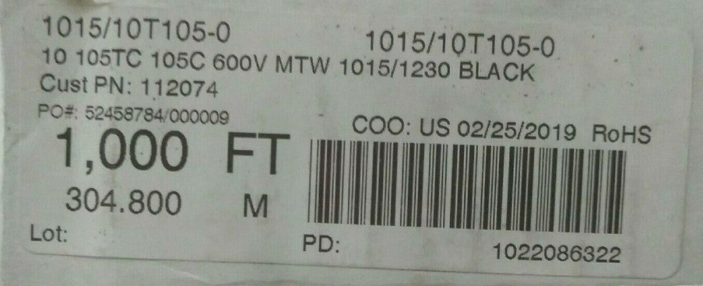 NEW 1015/10T105-0 10 105TC 105C 600V MTW 1015/1230 BLACK