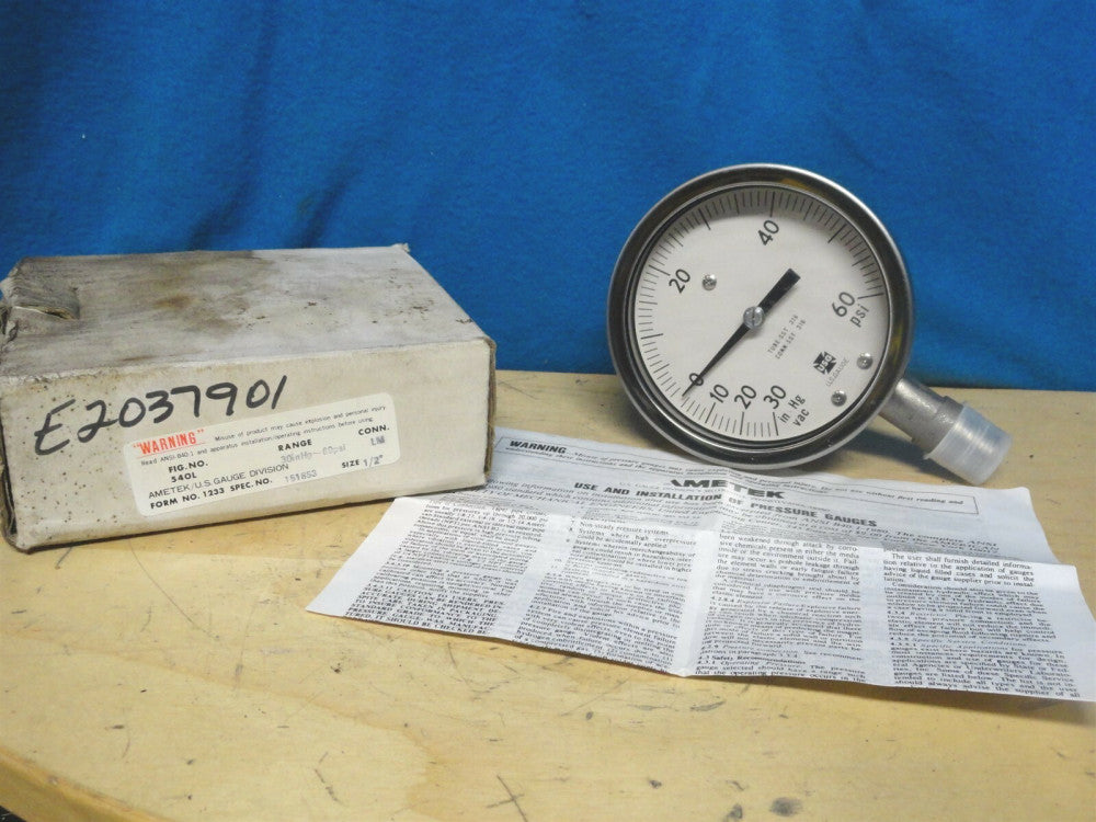 AMETEK - PRESSURE GAUGE - 540L - 30inHg~60PSI - P/N 151853 - SIZE ½" - NEW 