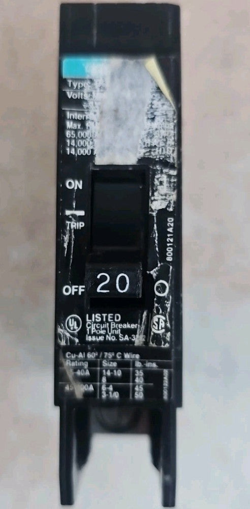 Siemens BQD120 20A Single Pole 277V AC / 125V DC 14KAIC Bolt in Breaker SEE PICS