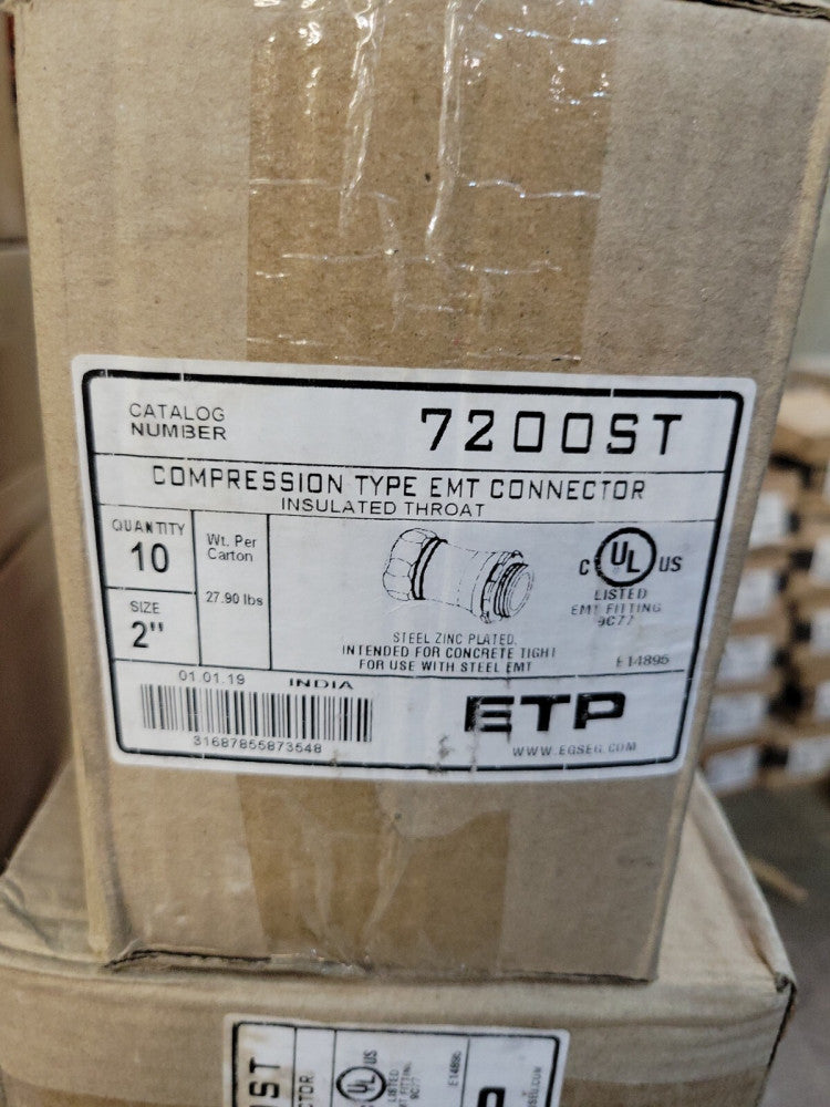 1 BOX OF 10-  ETP 7200ST COMPRESSION TYPE EMT CONNECTOR 2" INSULATED NEW OLD STK