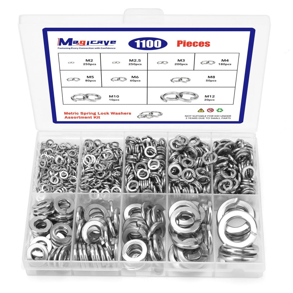 1100 Pcs Spring Lock Washers Assortment Kit Metric Split Lock Washers 304 Sta...